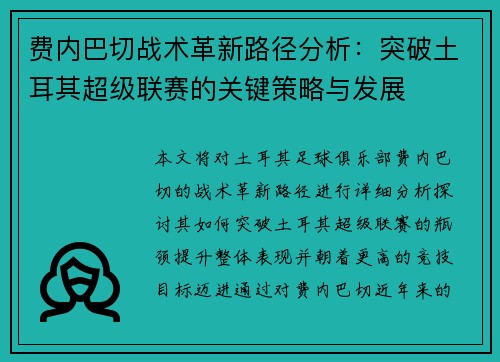费内巴切战术革新路径分析：突破土耳其超级联赛的关键策略与发展