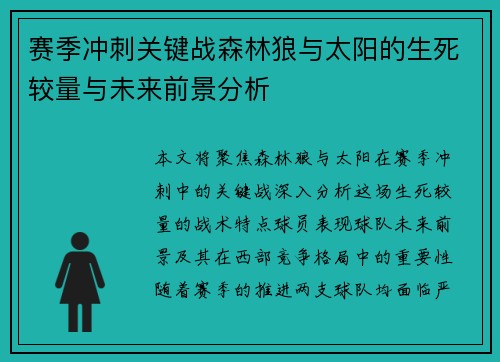 赛季冲刺关键战森林狼与太阳的生死较量与未来前景分析